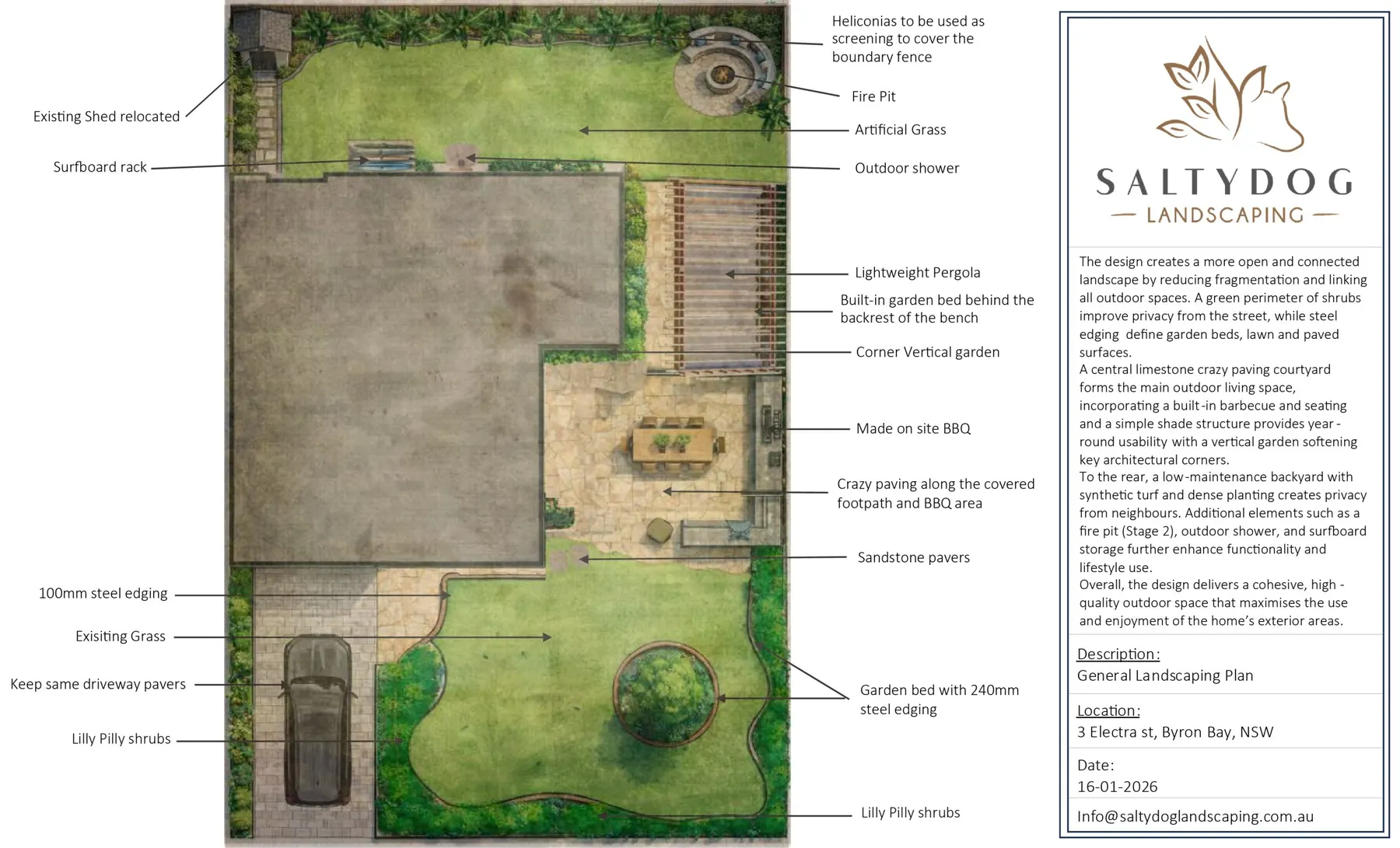 A drawn SaltyDog landscaping plan for a Byron Bay block