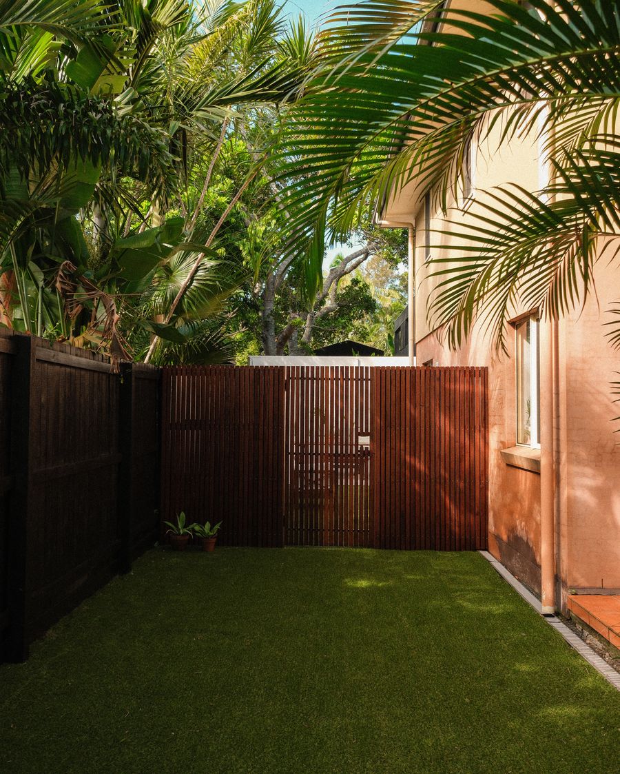 New turf and palms against a battened timber fence